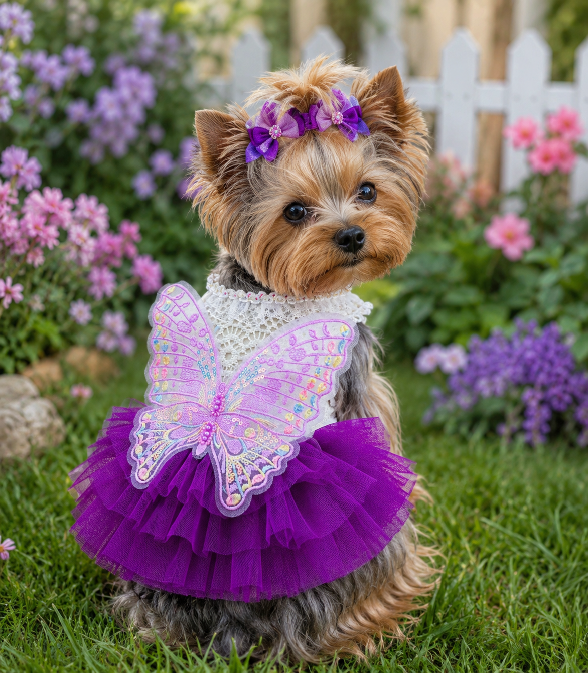 Vestido para mascota con tutu y mariposa + lazitos para el pelo.