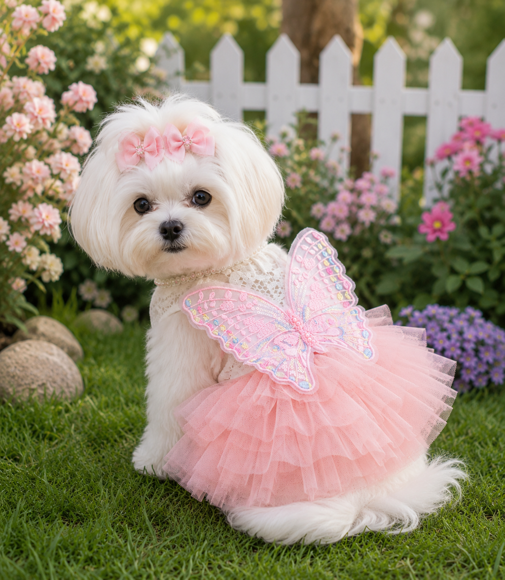 Vestido para mascota con tutu y mariposa + lazitos para el pelo.