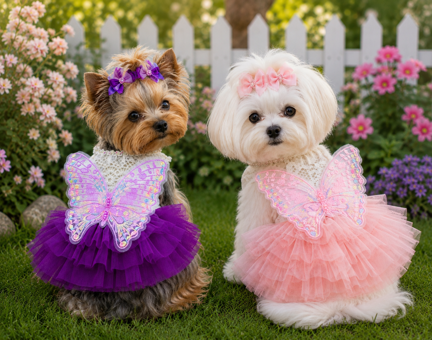 Vestido para mascota con tutu y mariposa + lazitos para el pelo.