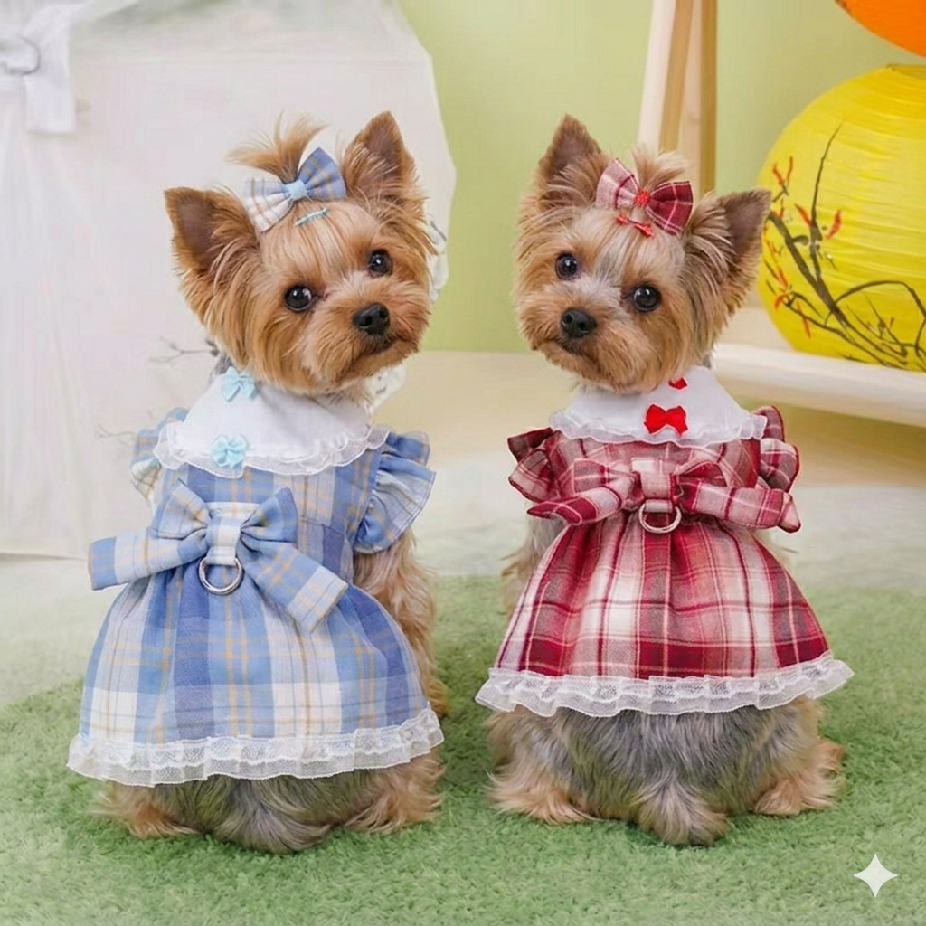 Vestido para Mascota a Cuadros + Lazitos para el pelo