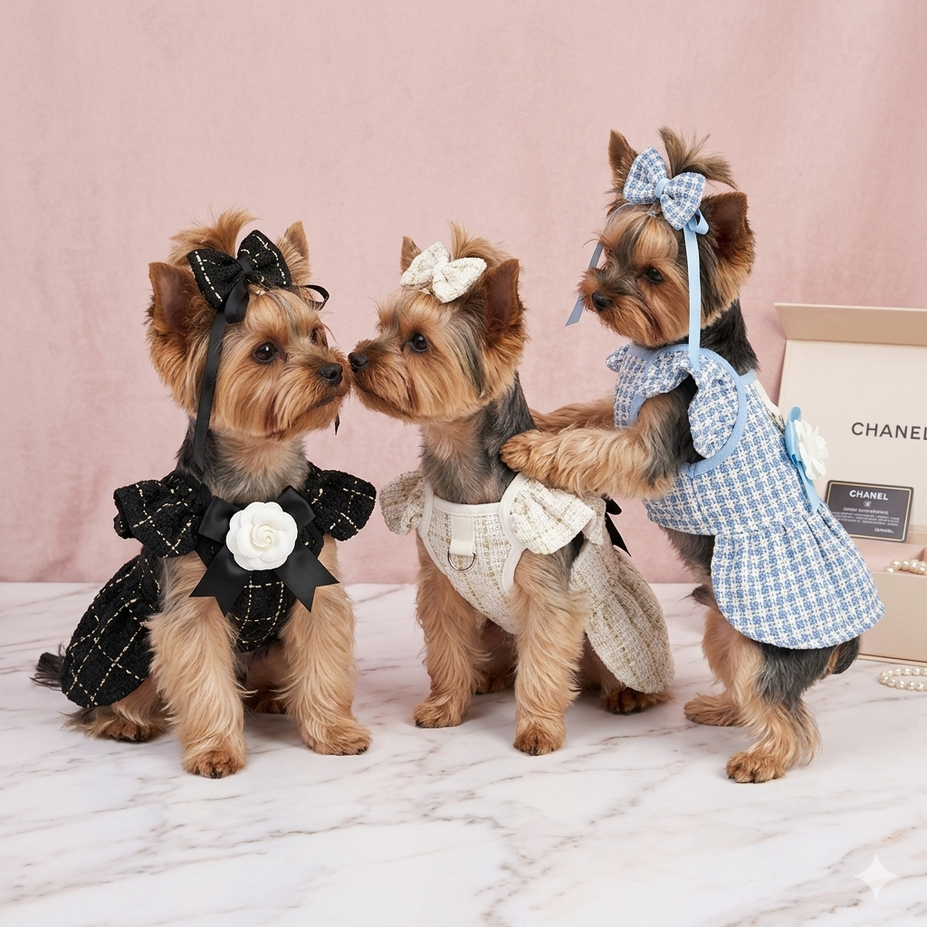Vestido para mascota con lazito para el pelo y argolla para el arreo.